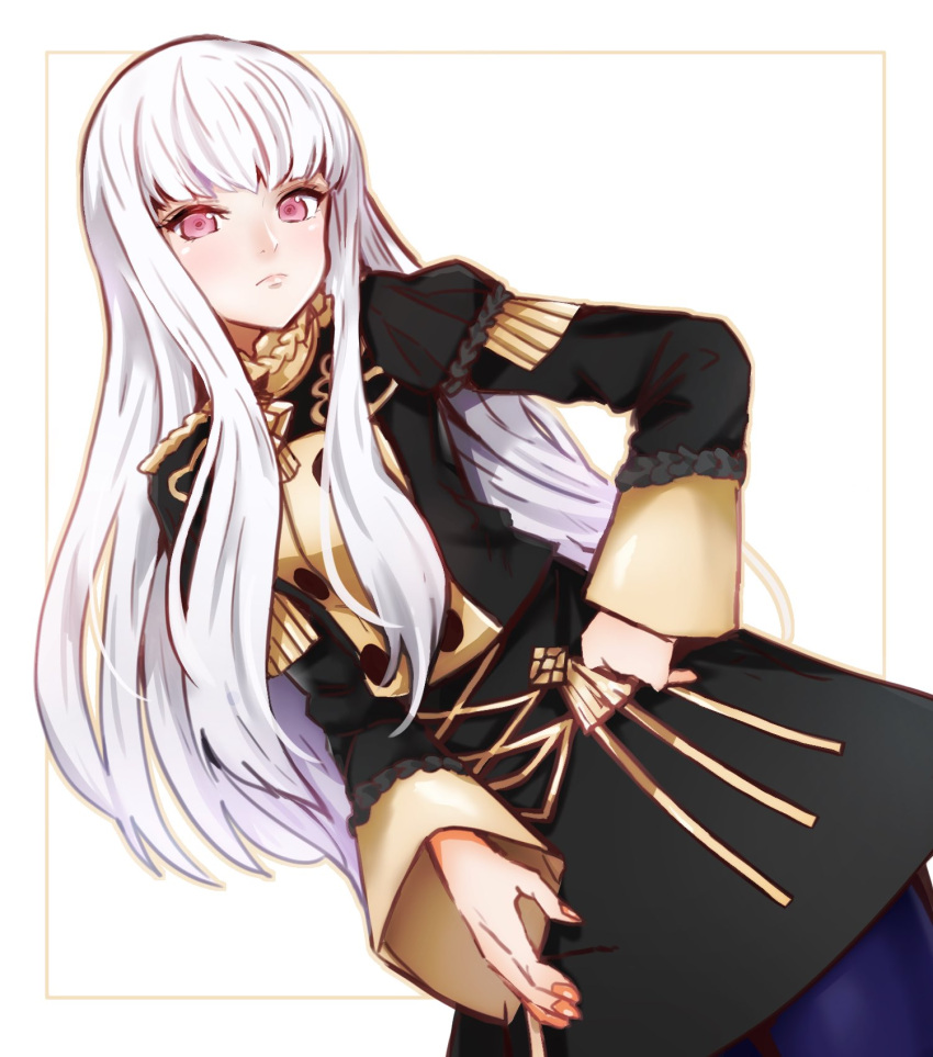 1girl blue_legwear closed_mouth fire_emblem fire_emblem:_three_houses garreg_mach_monastery_uniform highres long_hair long_sleeves lysithea_von_ordelia oroshipon_zu pink_eyes simple_background solo uniform white_background white_hair