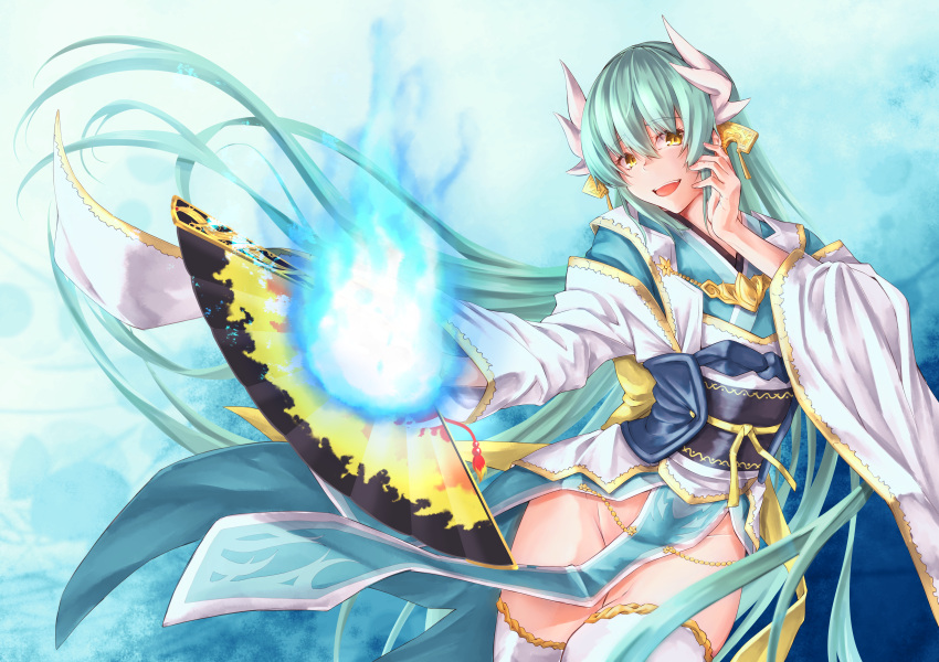 1girl absurdres aqua_hair aqua_kimono blue_background cowboy_shot dragon_girl dragon_horns eyebrows_visible_through_hair fan fate/grand_order fate_(series) folding_fan gold_trim hand_on_own_cheek highres holding holding_fan horns huge_filesize japanese_clothes kimono kiyohime_(fate/grand_order) kuromu looking_at_viewer no_panties obi pelvic_curtain sash solo thigh-highs white_legwear wide_sleeves yellow_eyes