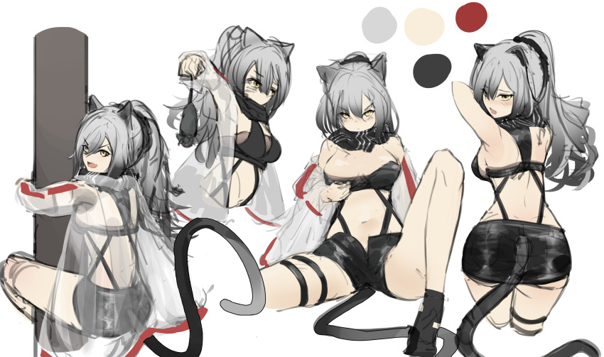 1girl absurdres animal animal_ears arknights bangs bare_shoulders black_footwear black_hair black_shorts breasts cat_ears cat_girl cat_tail color_guide commentary_request crop_top cropped_legs even_(17245601) eyebrows_visible_through_hair gradient_hair grey_hair hair_between_eyes high_ponytail highres holding holding_animal jacket knee_up long_hair medium_breasts mouse multicolored_hair navel object_hug off_shoulder open_clothes open_jacket outstretched_arm ponytail schwarz_(arknights) see-through shoes short_shorts shorts simple_background sitting sketch solo tail v-shaped_eyebrows white_background yellow_eyes