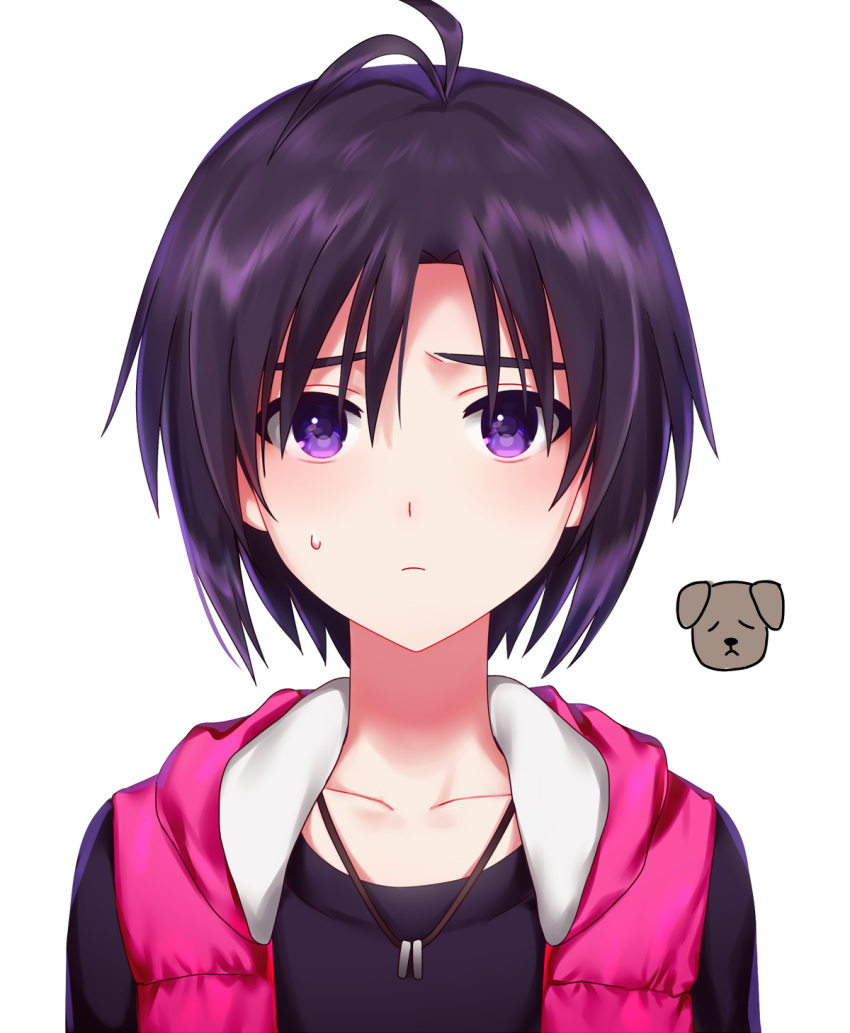 1girl antenna_hair bangs black_shirt cardigan closed_mouth collarbone frown hachiware hair_between_eyes highres idolmaster idolmaster_(classic) jewelry kikuchi_makoto looking_at_viewer necklace open_cardigan open_clothes portrait purple_hair shiny shiny_hair shirt short_hair simple_background solo sweatdrop violet_eyes white_background