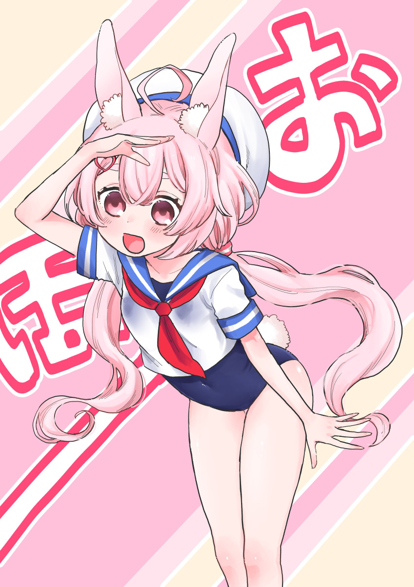 1girl absurdres ahoge animal_ear_fluff animal_ears arm_up bunny_tail covered_navel hair_ornament hairclip hand_on_head hat highres leaning_forward long_hair low_twintails one-piece_swimsuit open_mouth pink_eyes pink_hair rabbit_ears school_swimsuit school_uniform serafuku shirt smile solo swimsuit swimsuit_under_clothes tacuo_extra tail tomari_mari tomari_mari_channel twintails virtual_youtuber white_headwear white_shirt