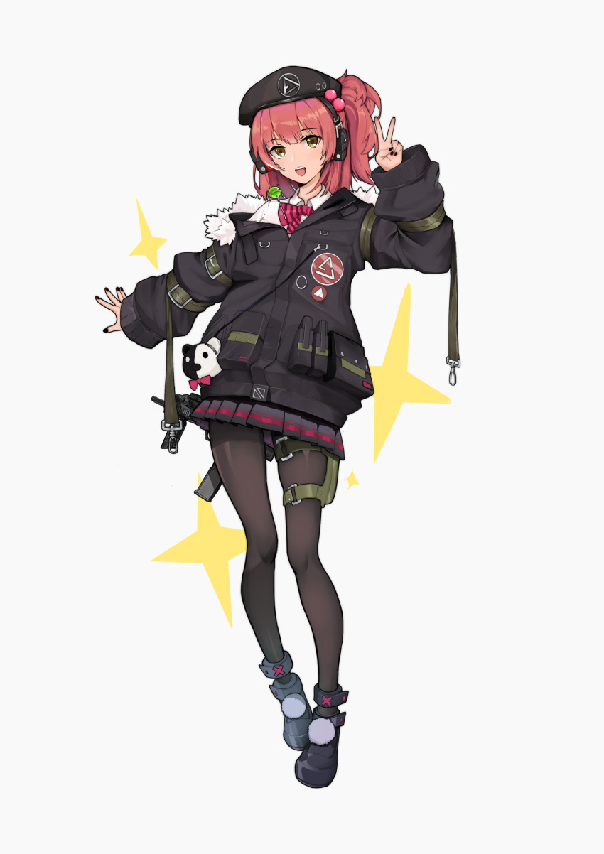 1girl absurdres ammunition_pouch beret black_nails candy collared_shirt food full_body girls_frontline gun h&amp;k_mp7 hat headset highres jacket lollipop looking_at_viewer loose_clothes medium_hair mp7_(girls'_frontline) off_shoulder open_mouth pantyhose pleated_skirt pouch redhead ribbon shirt shoes side_ponytail skindentation skirt smile sparkle_background submachine_gun thigh_strap tied_hair user_uyfx3538 v weapon yellow_eyes