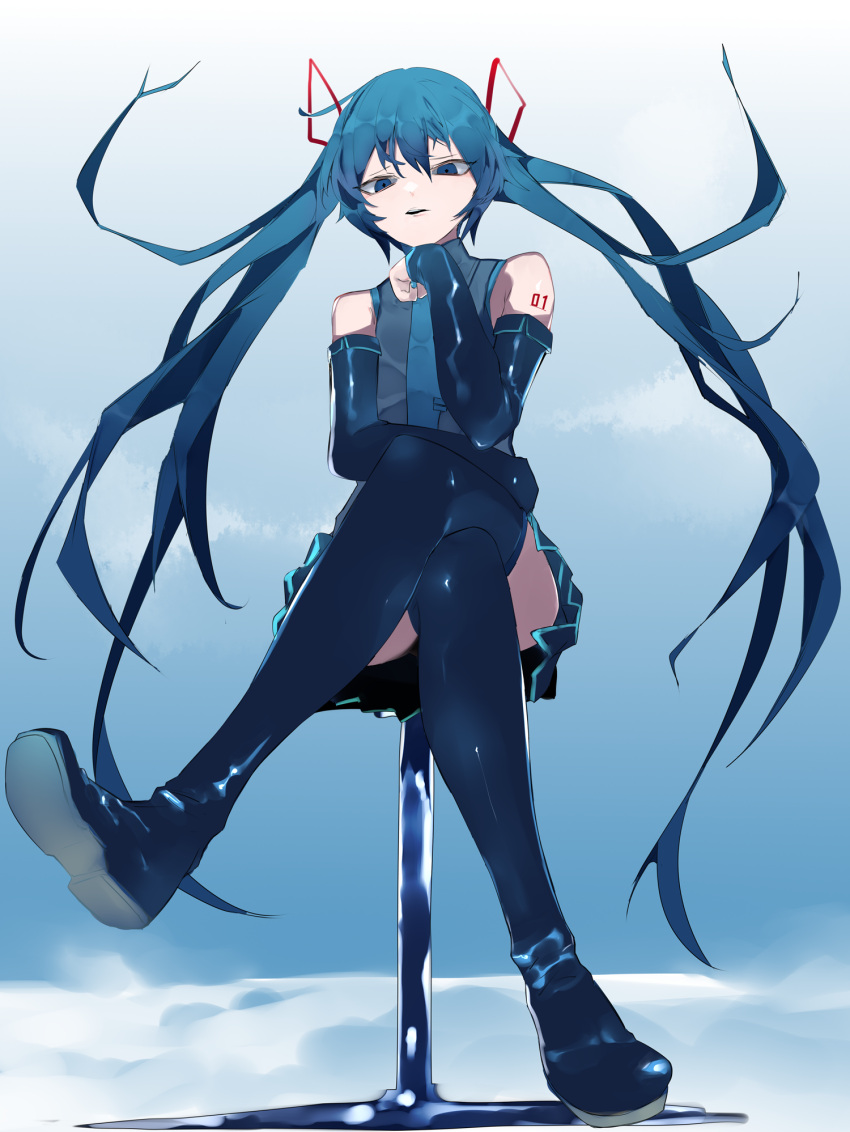 1girl blue_eyes blue_hair boots chin_rest crossed_legs detached_sleeves from_below hatsune_miku highres ikurauni long_hair looking_at_viewer necktie sitting skirt stool thigh-highs thigh_boots twintails very_long_hair vocaloid