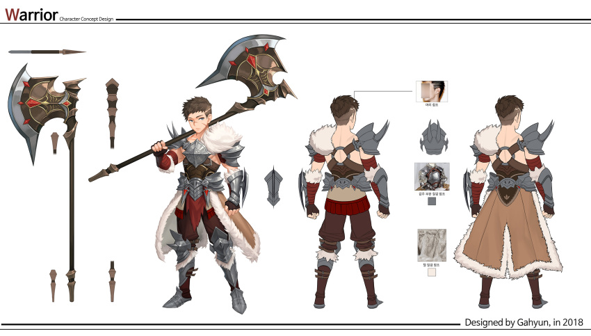 1boy armor artist_name axe boots brown_gloves brown_hair concept_art dated facing_away fingerless_gloves fur_trim gloves greaves highres holding holding_axe looking_at_viewer male_focus mt_(ringofive) multiple_views o-ring original over_shoulder scar shoulder_armor shoulder_spikes simple_background solo spikes standing white_background