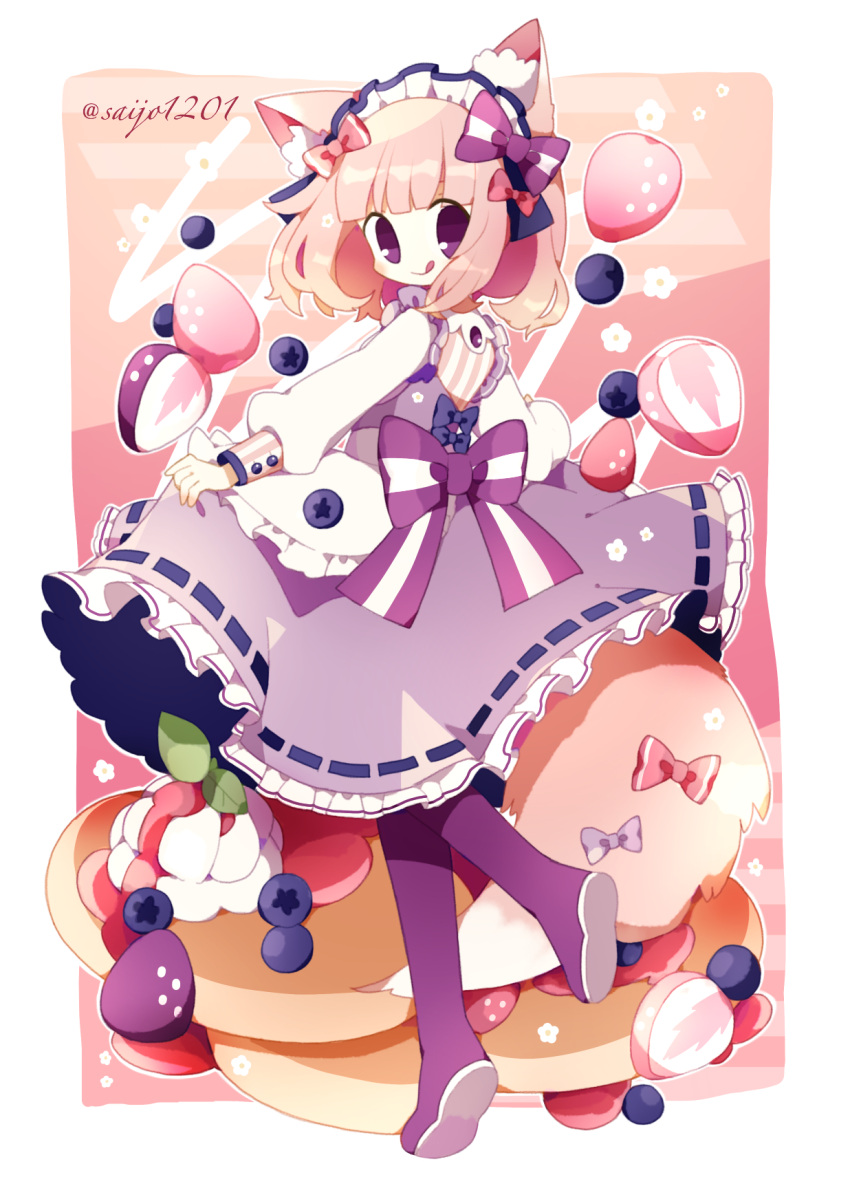 1girl animal_ears boots bow dress food frilled_dress frills fruit hair_bow hair_ribbon highres holding_dress long_sleeves looking_at_viewer original ribbon saijo1201 short_hair smile solo standing strawberry tail tongue tongue_out twitter_username