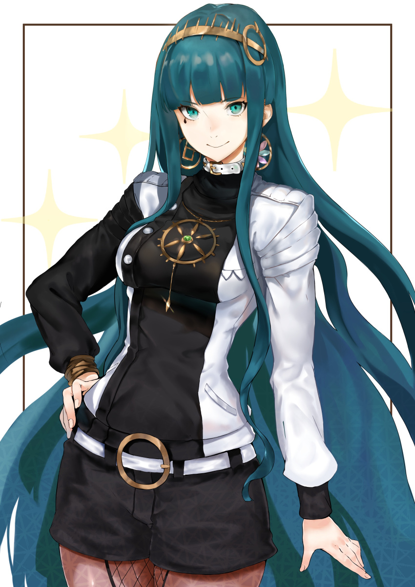 1girl absurdly_long_hair absurdres asymmetrical_sleeves bangs black_shirt black_shorts blue_eyes blue_hair blunt_bangs breasts brown_legwear cleopatra_(fate/grand_order) closed_mouth cowboy_shot diadem earrings eyebrows_visible_through_hair facial_mark fate/grand_order fate_(series) floating_hair harutask highres jacket jewelry long_hair long_sleeves looking_at_viewer medium_breasts open_clothes open_jacket pantyhose shirt short_shorts shorts smile solo standing very_long_hair white_background white_jacket