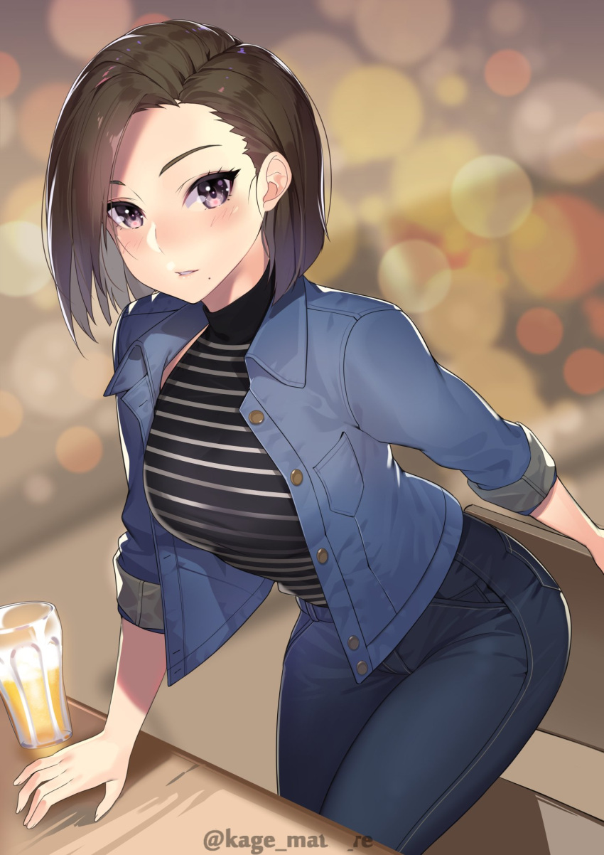 1girl alcohol beer blush breasts brown_eyes brown_hair denim highres jacket jeans kagematsuri large_breasts long_sleeves looking_at_viewer mole mole_under_mouth original pants parted_lips short_hair solo twitter_username