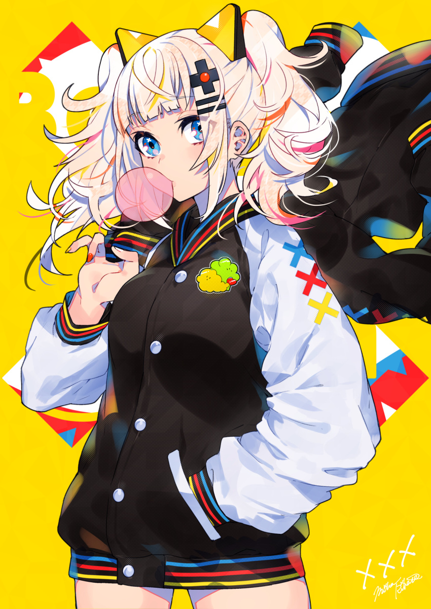 1girl bangs black_jacket blue_eyes breasts bubble_blowing chewing_gum commentary_request cowboy_shot eyebrows_visible_through_hair eyes_visible_through_hair hair_ornament hairclip hand_in_pocket highres holding holding_jacket jacket jacket_over_shoulder kaguya_luna letterman_jacket medium_breasts mika_pikazo sidelocks signature simple_background solo the_moon_studio twintails virtual_youtuber white_hair yellow_background