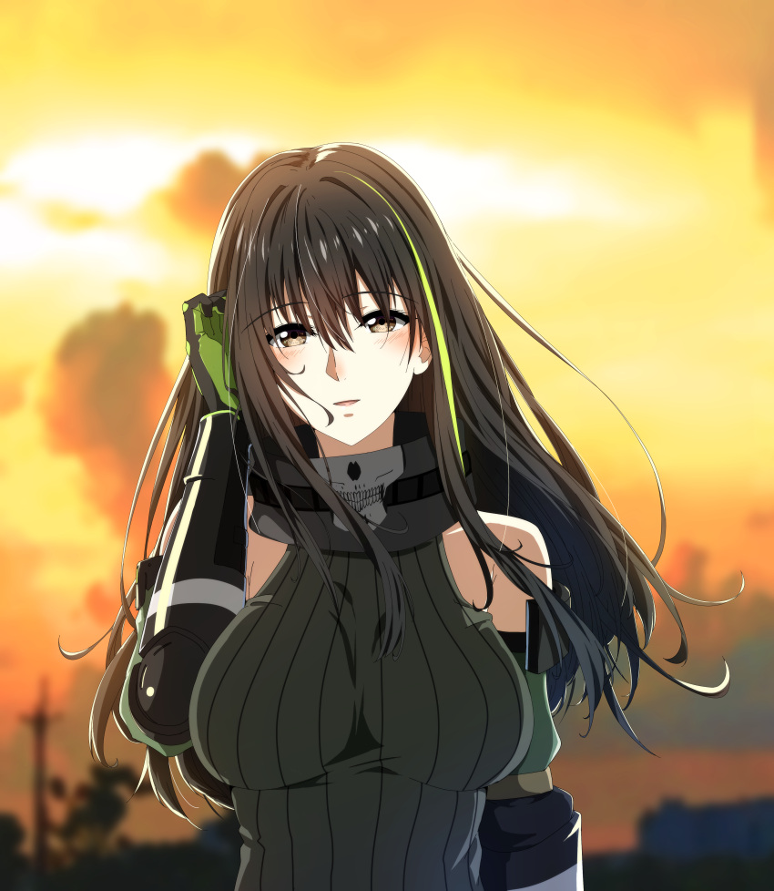 1girl absurdres armband bandana bare_shoulders bishi_(bishi) black_hair blurry blurry_background blush breasts cable clouds cloudy_sky girls_frontline gloves green_hair hand_in_hair highlights highres large_breasts long_hair looking_at_viewer m4a1_(girls_frontline) multicolored_hair parted_lips ribbed_sweater sky smile solo streaked_hair sunset sweater telephone_pole tree vambraces vest yellow_eyes