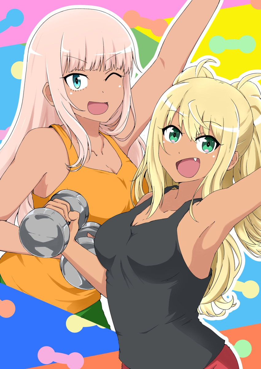 bangs black_tank_top blonde_hair blunt_bangs commentary_request crossover danberu_nan_kiro_moteru? dark_skin dumbbell exercise eyebrows_visible_through_hair fang ganguro green_eyes highres katou_asuka mochamillll sakura_hibiki_(danberu_nan_kiro_moteru?) sports_bra tan twintails watashi_ga_motenai_no_wa_dou_kangaetemo_omaera_ga_warui! weightlifting