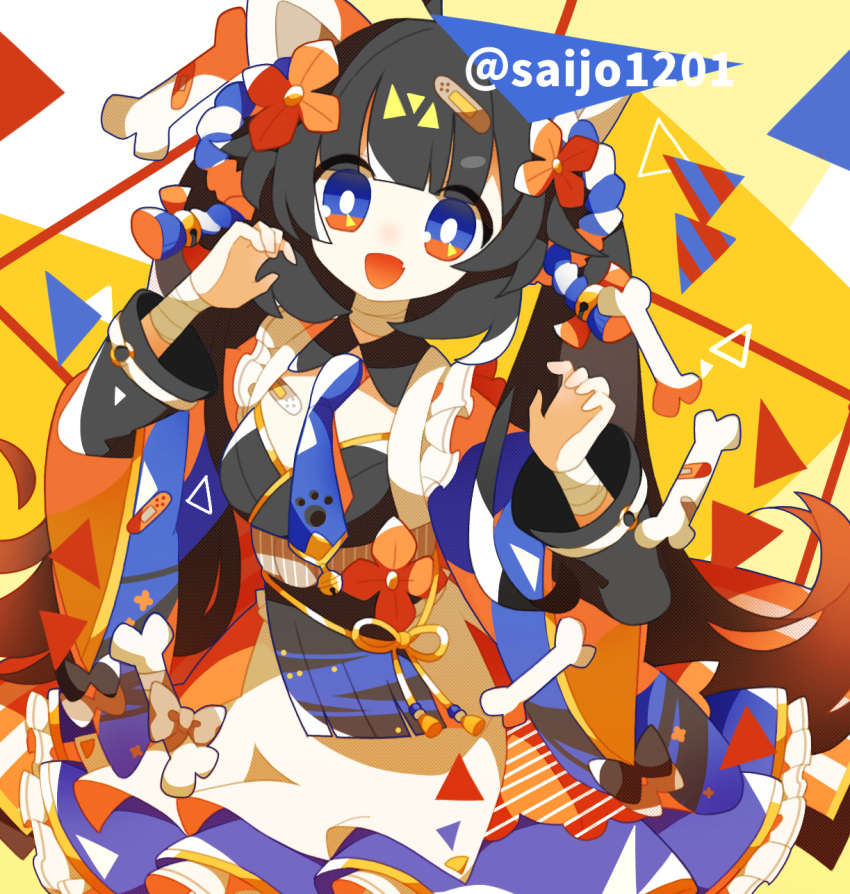 1girl animal_ears bandages bandaid bell black_hair bone breasts fang flower frills hair_flower hair_ornament highres jingle_bell long_hair long_sleeves looking_at_viewer necktie open_mouth original paw_print ribbon saijo1201 small_breasts solo tagme twitter_username