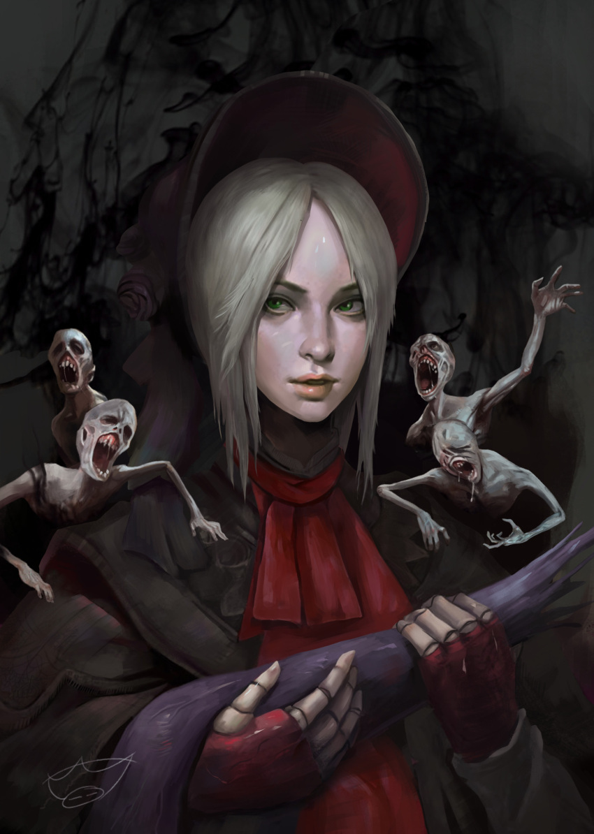 1girl 4others absurdres aslothbeing bangs blonde_hair bloodborne bonnet cloak dark_background doll_joints dress english_commentary highres looking_at_viewer multiple_others open_mouth plain_doll saliva solo swept_bangs upper_body zombie
