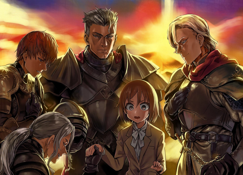 1girl 4boys arifureta_shokugyou_de_sekai_saikyou armor asanagi bangs blazer blonde_hair bow bowing bowtie brown_eyes brown_hair character_request closed_eyes cowboy_shot david_zahler end_card fang full_armor gloves hand_on_own_chest hatayama_aiko headwear_removed helmet helmet_removed holding holding_hand holding_helmet holding_sword holding_weapon jacket knight long_sleeves looking_at_another low_ponytail multiple_boys open_mouth outdoors short_hair silver_hair skin_fang smile sunset sweat sweatdrop sword weapon