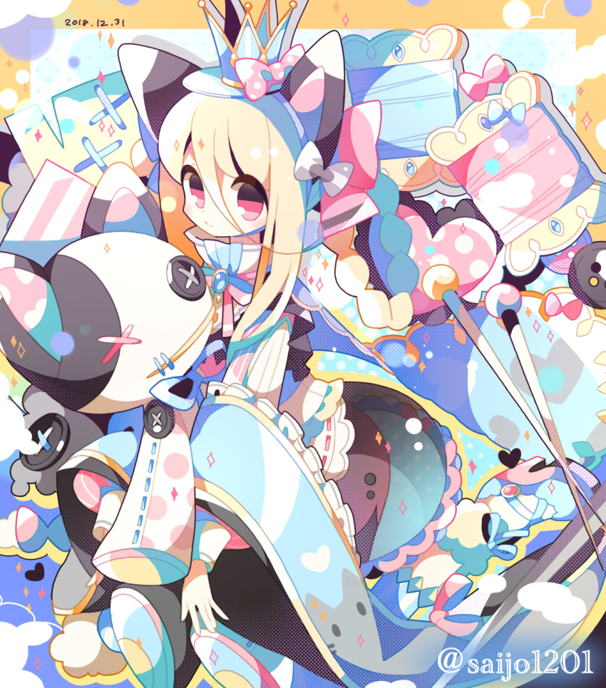 1girl animal_ears blonde_hair buttons crown dated frills heart highres long_hair long_sleeves looking_at_viewer needle original ribbon saijo1201 solo spool stitches stuffed_animal stuffed_toy tagme twitter_username