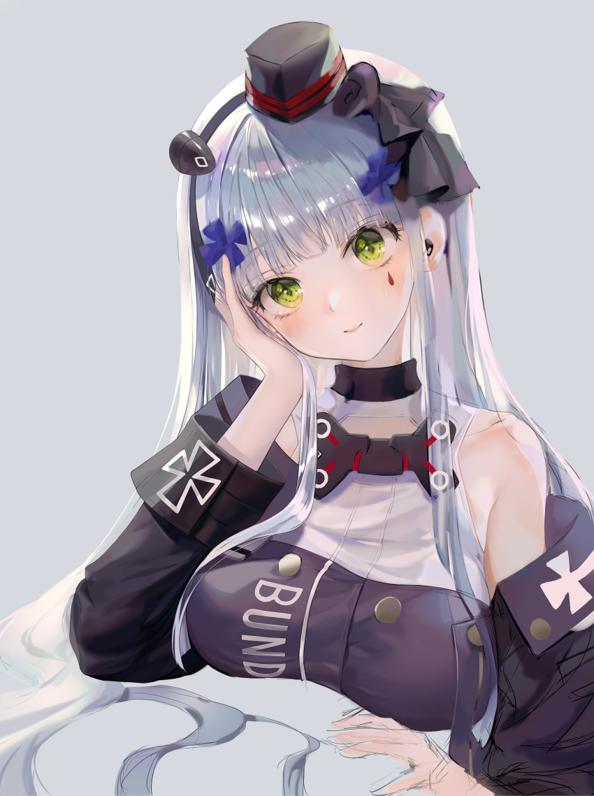 1girl absurdres bangs bare_shoulders blunt_bangs blush breasts choker earpiece garrison_cap girls_frontline green_eyes grey_background hair_ornament hair_ribbon hand_on_own_cheek hand_on_own_face hat highres hk416_(girls_frontline) iron_cross large_breasts long_hair looking_at_viewer minncn mod3_(girls_frontline) nose off_shoulder ribbon sidelocks silver_hair simple_background smile solo straight_hair very_long_hair