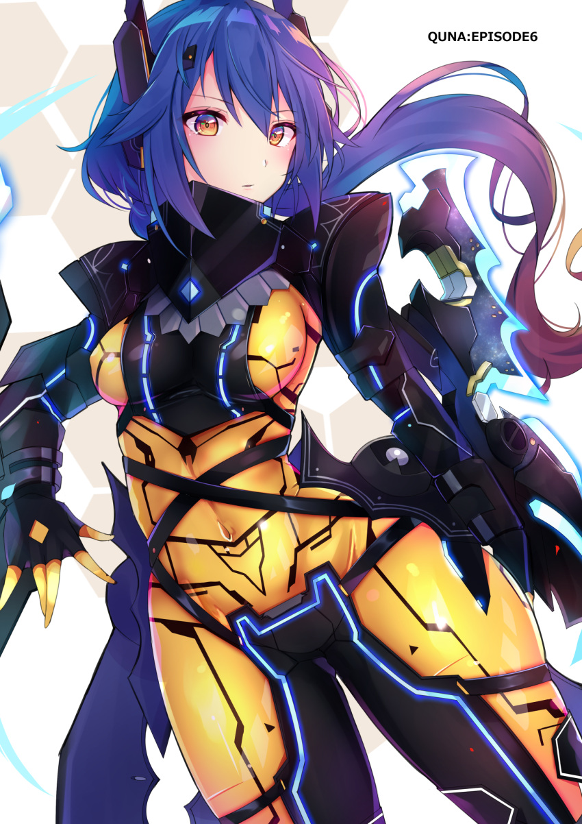 1girl blue_hair blush bodysuit breasts covered_navel gloves glowing hair_between_eyes headgear highres long_hair looking_at_viewer medium_breasts phantasy_star phantasy_star_online_2 quna_(pso2) racket_ti1 skin_tight solo twintails yellow_bodysuit yellow_eyes yellow_gloves zelsius