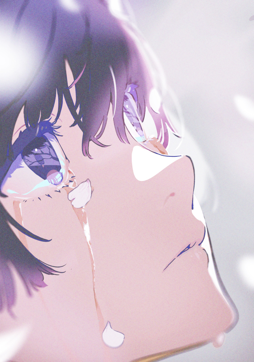 1girl absurdres bangs black_hair cherry_blossoms close-up crying crying_with_eyes_open eyes gradient_hair highres looking_up multicolored_hair original petals short_hair tears violet_eyes yoneyama_mai