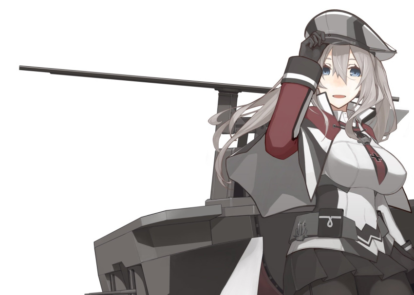 1girl black_gloves black_skirt blue_eyes breasts capelet floating_hair gloves graf_zeppelin_(kantai_collection) grey_hair hair_between_eyes hat highres kantai_collection large_breasts long_hair looking_at_viewer mikoto_(oi_plus) pantyhose skirt twintails