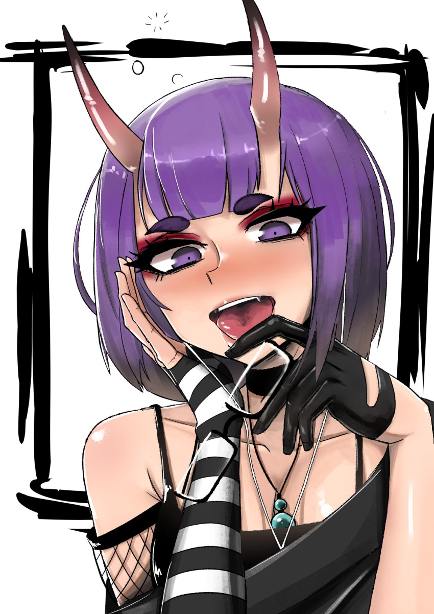 1girl black_choker black_gloves bob_cut breasts casual choker collarbone drunk eyeshadow eyewear_removed fang fate/grand_order fate_(series) fishnets glasses gloves hand_on_own_face highres kevbot looking_at_viewer makeup mismatched_gloves off_shoulder oni oni_horns open_mouth pince-nez purple_hair semi-rimless_eyewear short_eyebrows short_hair shuten_douji_(fate/grand_order) small_breasts solo spaghetti_strap striped tongue tongue_out upper_body violet_eyes