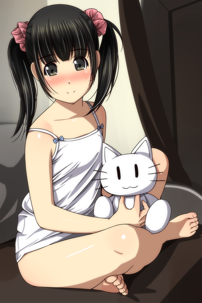 1girl absurdres bangs bare_arms bare_legs bare_shoulders barefoot black_hair blush brown_eyes camisole closed_mouth collarbone crossed_legs eyebrows_visible_through_hair fingernails hair_ornament hair_scrunchie highres long_hair looking_at_viewer matsunaga_kouyou nose_blush original pink_scrunchie scrunchie sitting smile solo strap_slip stuffed_animal stuffed_cat stuffed_toy toenails twintails white_camisole