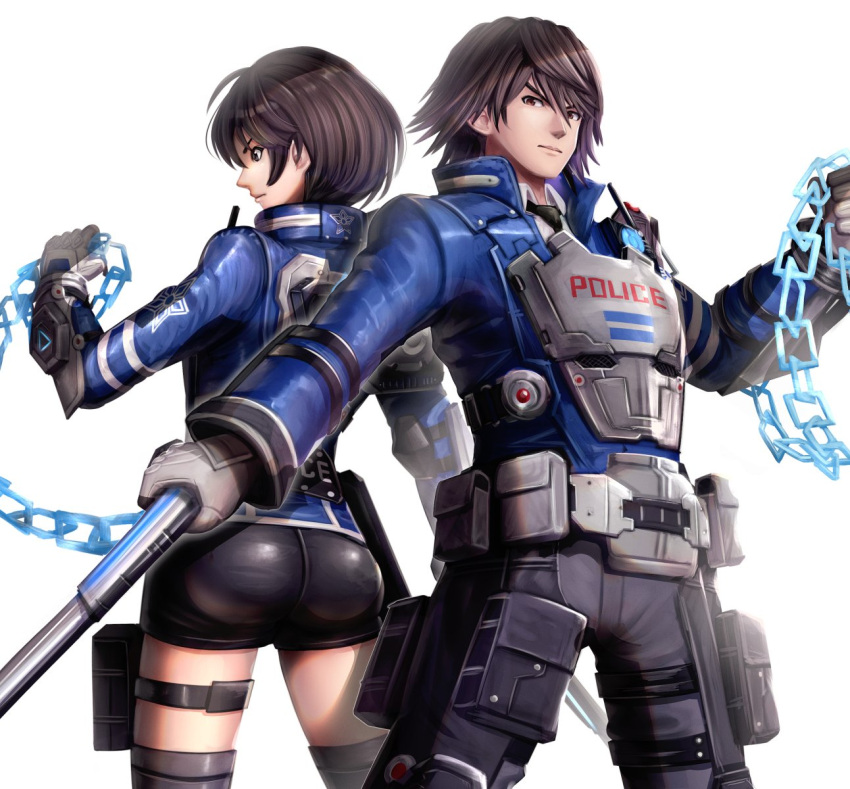 1boy 1girl akira_howard akira_howard_(female) akira_howard_(male) ass astral_chain brother_and_sister brown_eyes brown_hair chain gloves gonzarez highres jacket looking_at_viewer nintendo police police_uniform short_hair siblings simple_background uniform weapon white_background