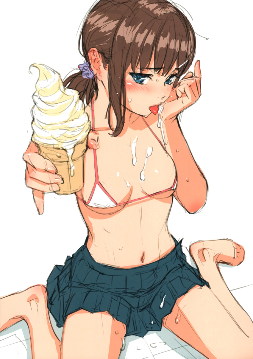 1girl absurdres bare_legs barefoot bikini_top blue_eyes breasts brown_hair food_on_body hair_ornament hairclip highres homunculus_(artist) ice_cream_cone navel original pleated_skirt scan short_ponytail sidelocks simple_background sitting sketch skirt small_breasts solo tongue tongue_out wariza white_background white_bikini_top