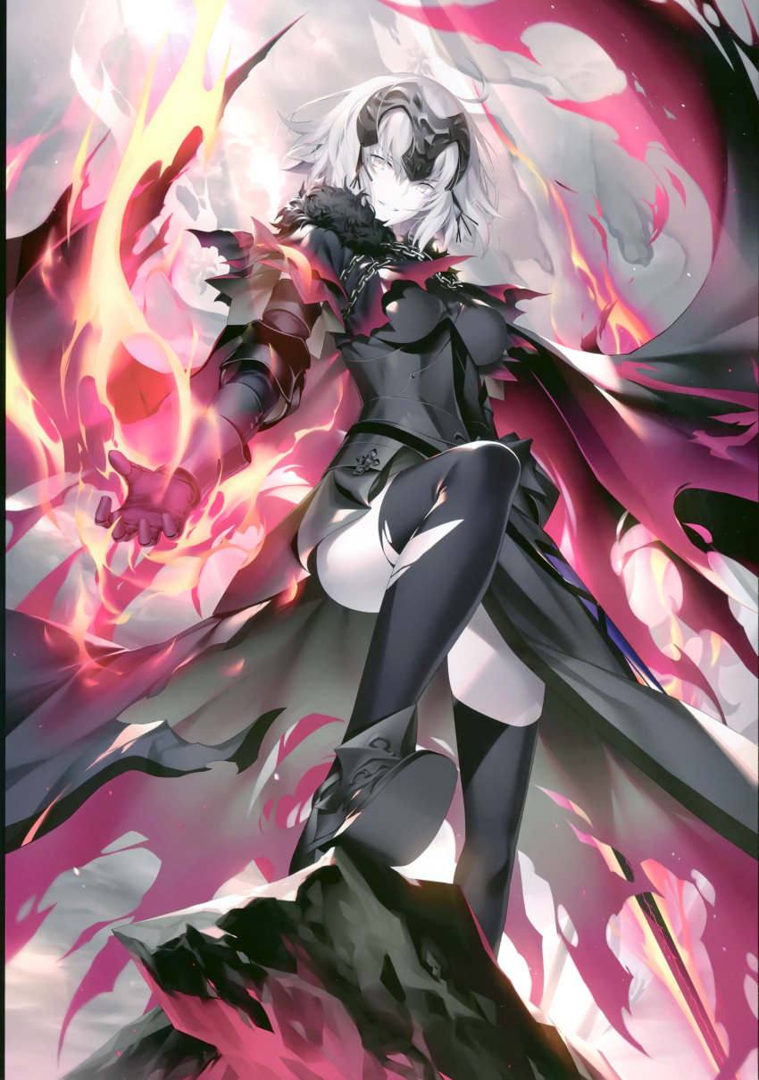 1girl absurdres ahoge armor armored_boots armored_dress bangs black_legwear boots breasts cape clouds cloudy_sky dress eyebrows_visible_through_hair fate/grand_order fate_(series) fire fur-trimmed_cape fur_collar fur_trim gauntlets headpiece highres holding holding_sword holding_weapon jeanne_d'arc_(alter)_(fate) jeanne_d'arc_(fate)_(all) kousaki_rui large_breasts long_hair looking_at_viewer medium_breasts open_mouth outdoors scan short_hair signature silver_hair sky smile solo sword thigh-highs torn_clothes torn_legwear tsurime weapon yellow_eyes