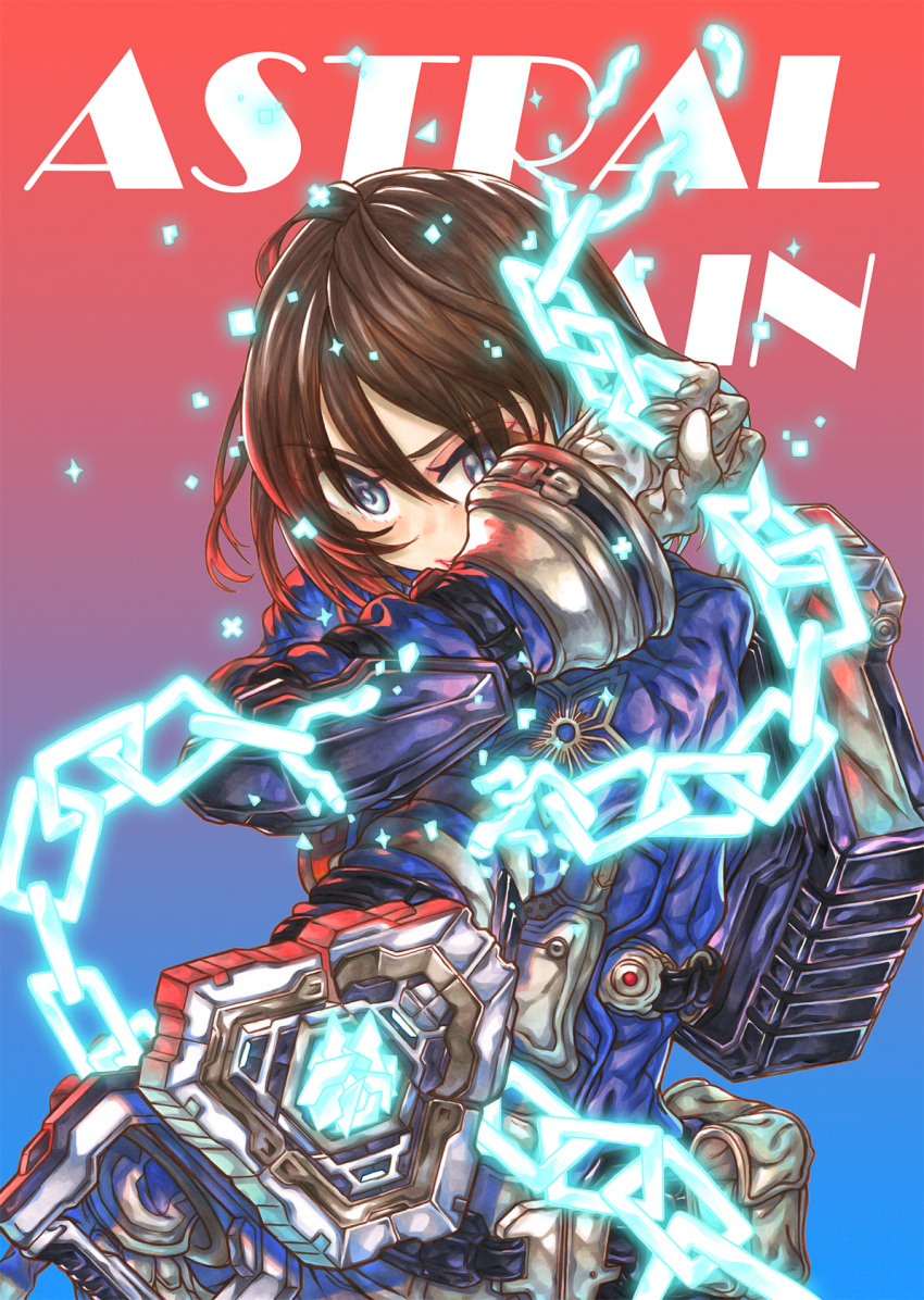 1girl akira_howard astral_chain brown_eyes brown_hair chain gloves h9454cl6reg hair_ornament highres jacket long_sleeves looking_at_viewer police police_uniform short_hair simple_background solo thick_lips uniform