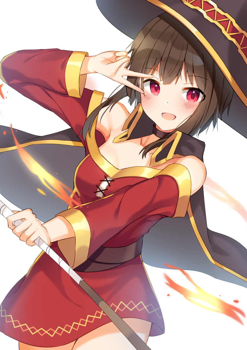 1girl :d black_cape black_headwear blush breasts brown_hair cape collarbone commentary_request dress dutch_angle fire hat highres holding holding_staff kono_subarashii_sekai_ni_shukufuku_wo! long_hair looking_at_viewer megumin mizuki_ryuu off-shoulder_dress off_shoulder open_mouth red_eyes sidelocks simple_background small_breasts smile solo staff v_over_eye white_background witch_hat