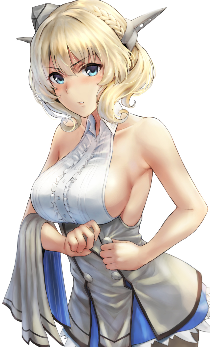 1girl bare_shoulders black_legwear blonde_hair blue_eyes blue_skirt breasts capelet colorado_(kantai_collection) cowboy_shot double-breasted dress dressing garrison_cap grey_dress grey_headwear hat headgear highres kantai_collection kokuzoo large_breasts layered_skirt pantyhose parted_lips shirt short_hair side_braids sideboob simple_background skirt sleeveless solo white_background white_shirt