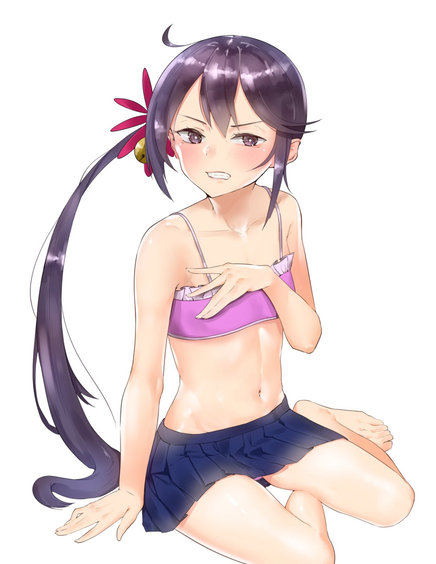 1girl akebono_(kantai_collection) barefoot bell bikini blue_skirt blush c-da clenched_teeth covering covering_chest flat_chest flower hair_bell hair_flower hair_ornament highres kantai_collection long_hair navel pink_bikini pleated_skirt ponytail purple_hair side_ponytail simple_background sitting skirt solo swimsuit swimsuit_under_clothes teeth violet_eyes white_background