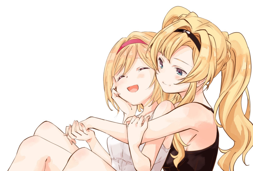 2girls ^_^ black_hairband blonde_hair blue_eyes closed_eyes commentary_request djeeta_(granblue_fantasy) eyebrows_visible_through_hair granblue_fantasy hairband hatamichi_(ichibata5656) highres long_hair looking_at_another multiple_girls open_mouth ponytail red_hairband short_hair simple_background sitting smile white_background yuri zeta_(granblue_fantasy)