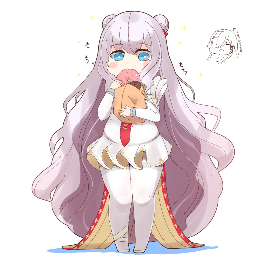 2girls azur_lane bag bangs blue_eyes blush_stickers chibi commentary_request doughnut dunkerque_(azur_lane) eating eyebrows_visible_through_hair food grey_hair hair_between_eyes hair_ribbon highres holding holding_bag horoyuki_(gumizoku) le_malin_(azur_lane) long_hair long_sleeves looking_down multiple_girls pantyhose plump red_ribbon ribbon simple_background skirt sparkle translation_request very_long_hair white_background white_legwear white_skirt