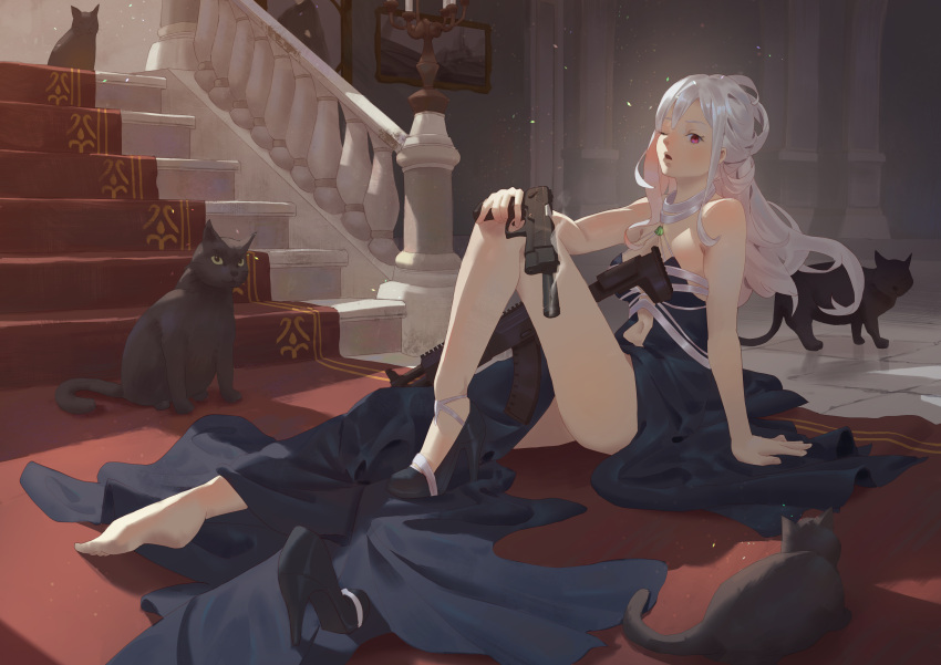 1girl absurdres ak-12_(girls_frontline) assault_rifle bare_arms bare_shoulders black_cat blue_dress breasts cat cirilla dress girls_frontline gun hair_up high_heels highres holding holding_gun holding_weapon indoors large_breasts long_hair multiple_cats navel navel_cutout one_eye_closed open_mouth rifle silver_hair sitting smoke smoking_gun stairs thighs tile_floor tiles updo violet_eyes weapon