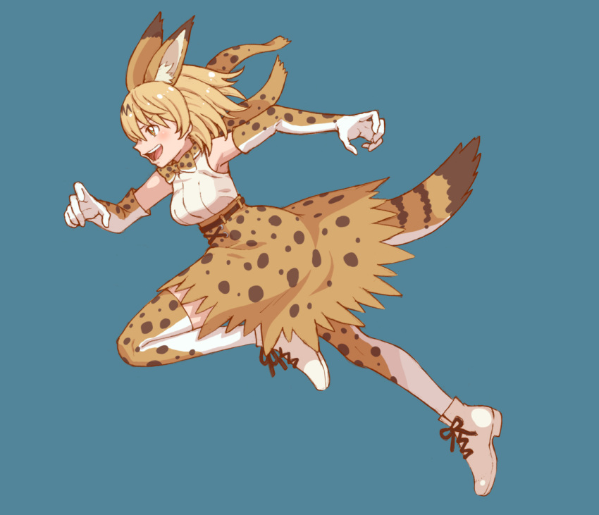1girl animal_ears animal_print arm_up armpits bare_shoulders blonde_hair blue_background bow bowtie brown_eyes elbow_gloves extra_ears eyebrows_visible_through_hair floating_hair from_side full_body gloves graphite_(medium) hand_up high-waist_skirt kemono_friends knee_up lace looking_afar medium_skirt open_mouth outstretched_leg print_gloves print_legwear print_neckwear print_skirt running scarf serval_(kemono_friends) serval_ears serval_print serval_tail shirt shoes simple_background skirt sleeveless sleeveless_shirt smile solo striped_tail tail tanuki_koubou thigh-highs traditional_media upper_teeth v-shaped_eyebrows white_shirt zettai_ryouiki