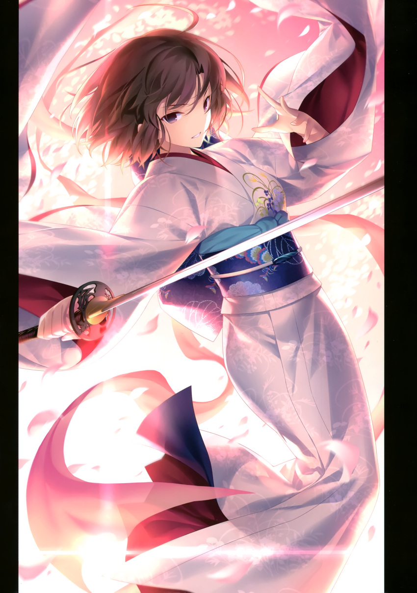 1girl absurdres bangs blue_eyes breasts brown_hair fate/grand_order fate_(series) highres japanese_clothes kara_no_kyoukai katana kimono kousaki_rui long_sleeves looking_at_viewer obi parted_lips petals ryougi_shiki sash scan short_hair smile solo sword weapon white_kimono wide_sleeves