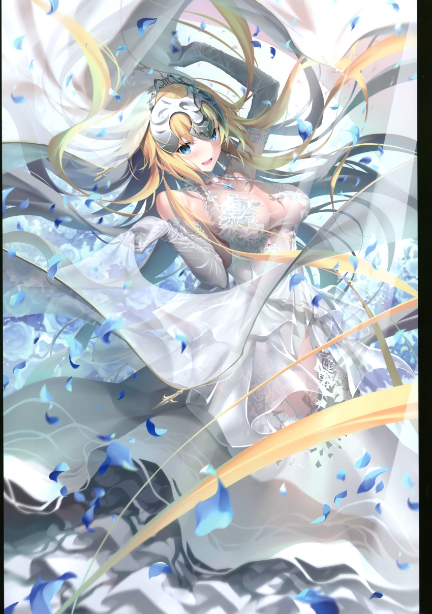 1girl :d absurdres bangs bare_shoulders blonde_hair blush breasts bridal_veil bride dress elbow_gloves eyebrows_visible_through_hair fate/apocrypha fate/grand_order fate_(series) floating_hair flower gloves hair_between_eyes headpiece highres holding jeanne_d'arc_(fate) jeanne_d'arc_(fate)_(all) jewelry kousaki_rui large_breasts long_hair looking_at_viewer necklace open_mouth petals sapphire_(gemstone) scan see-through sidelocks smile solo veil very_long_hair wedding_dress white_dress white_gloves wind