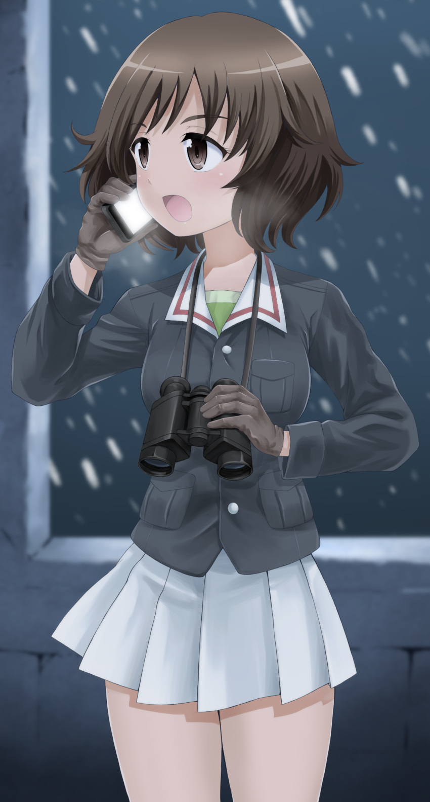 1girl akiyama_yukari bangs binoculars black_gloves blue_jacket blurry blurry_background brown_eyes brown_hair cellphone commentary cowboy_shot depth_of_field frown girls_und_panzer gloves green_shirt highres holding holding_binoculars holding_cellphone holding_phone jacket long_sleeves looking_to_the_side messy_hair military military_uniform miniskirt niihama_keisuke ooarai_military_uniform open_mouth phone pleated_skirt shirt short_hair skirt smartphone snow solo standing uniform white_skirt