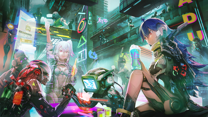 6+boys 6+girls alcohol arm_wrestling bar bilibili_douga blue_hair bodysuit bottle breasts clare_(543) commentary_request crowd cup cyberpunk cyborg drinking_glass faceless faceless_female faceless_male gas_mask helmet holding holding_bottle holding_cup hologram long_hair mechanical_arm mechanical_legs multiple_boys multiple_girls neon_lights original pink_hair red_eyes robot science_fiction skin_tight smile