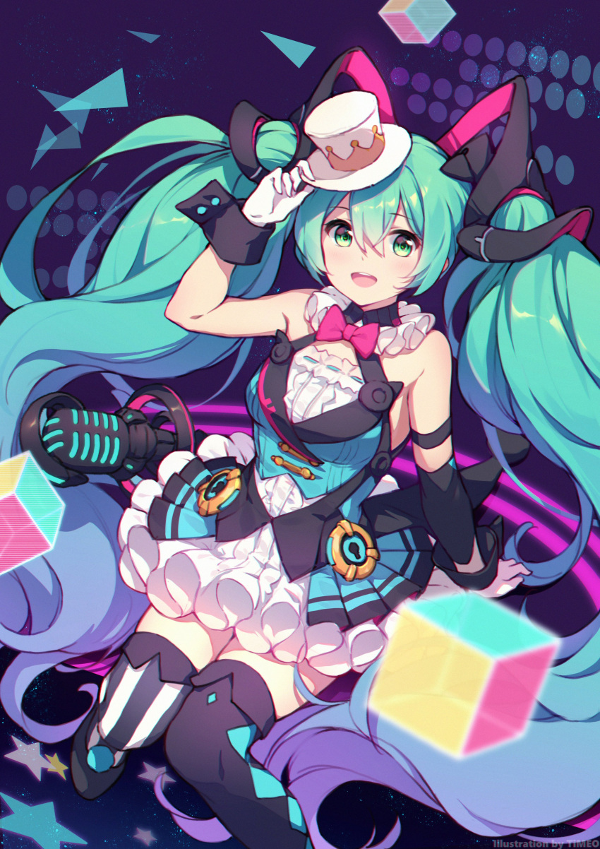 1girl absurdly_long_hair absurdres aqua_hair cube dress gloves green_eyes hair_between_eyes hat hatsune_miku highres long_hair magical_mirai_(vocaloid) microphone mini_hat mini_top_hat mismatched_legwear open_mouth skirt solo star striped striped_legwear thigh-highs timeo top_hat twintails vertical-striped_legwear vertical_stripes very_long_hair vocaloid white_gloves