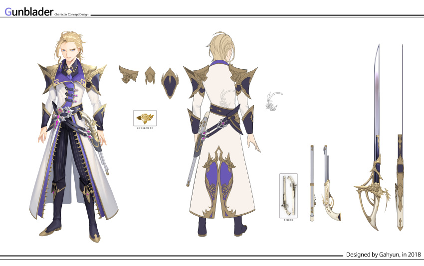 1boy absurdres artist_name black_footwear black_pants blonde_hair concept_art dated facing_away gun highres holster long_sleeves male_focus mt_(ringofive) multiple_views original pants simple_background standing sword weapon white_background