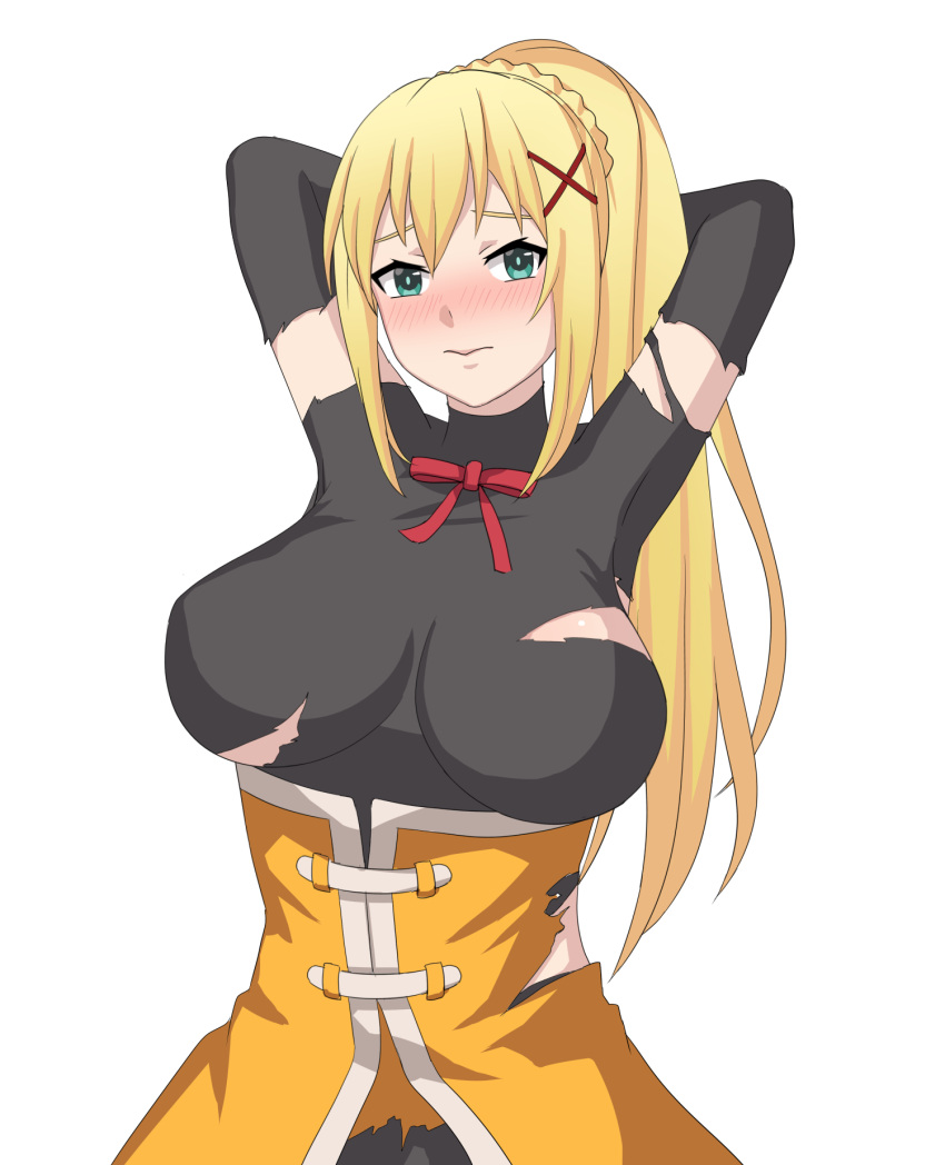 1girl alternate_eye_color arms_behind_head arms_up bangs black_bodysuit blonde_hair blush bodysuit braid breasts closed_mouth darkness_(konosuba) embarrassed frown green_eyes hair_between_eyes hair_ornament high_ponytail highres kono_subarashii_sekai_ni_shukufuku_wo! large_breasts long_hair looking_at_viewer neck_ribbon nose_blush nyatokanyaru red_ribbon ribbon shiny shiny_skin sidelocks simple_background solo torn_bodysuit torn_clothes turtleneck under_boob upper_body x_hair_ornament