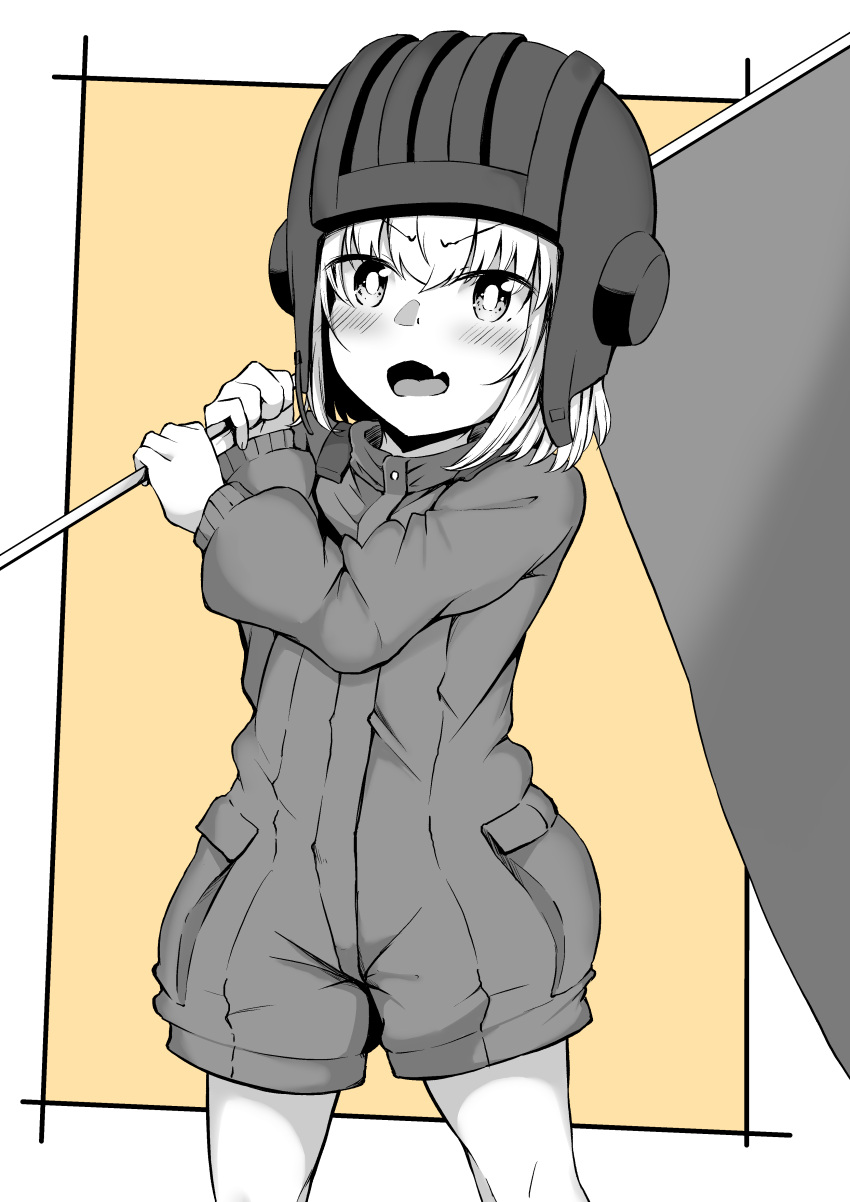 1girl absurdres bangs blush commentary cowboy_shot eyebrows_visible_through_hair fang flag girls_und_panzer greyscale helmet highres holding holding_flag jumpsuit katyusha long_sleeves looking_at_viewer monochrome open_mouth partially_colored pravda_military_uniform rorimo short_hair short_jumpsuit skin_fang smile solo standing tank_helmet v-shaped_eyebrows