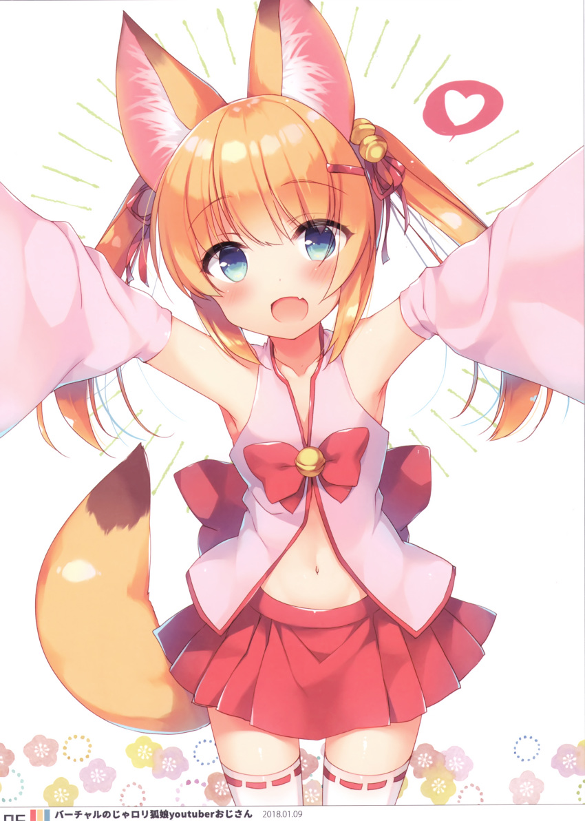1girl :d absurdres animal_ear_fluff animal_ears armpits arms_up bare_shoulders bell blue_eyes blush bow collarbone cowboy_shot detached_sleeves fang fox_ears fox_girl fox_tail hair_ribbon heart highres jingle_bell kemomimi_oukoku_kokuei_housou long_hair long_sleeves looking_at_viewer mikoko_(kemomimi_oukoku_kokuei_housou) miniskirt navel open_mouth orange_hair outstretched_arms pink_shirt pleated_skirt red_bow red_ribbon red_skirt ribbon sazaki_ichiri scan shirt skirt smile solo standing tail thigh-highs twintails virtual_youtuber white_legwear wide_sleeves zettai_ryouiki