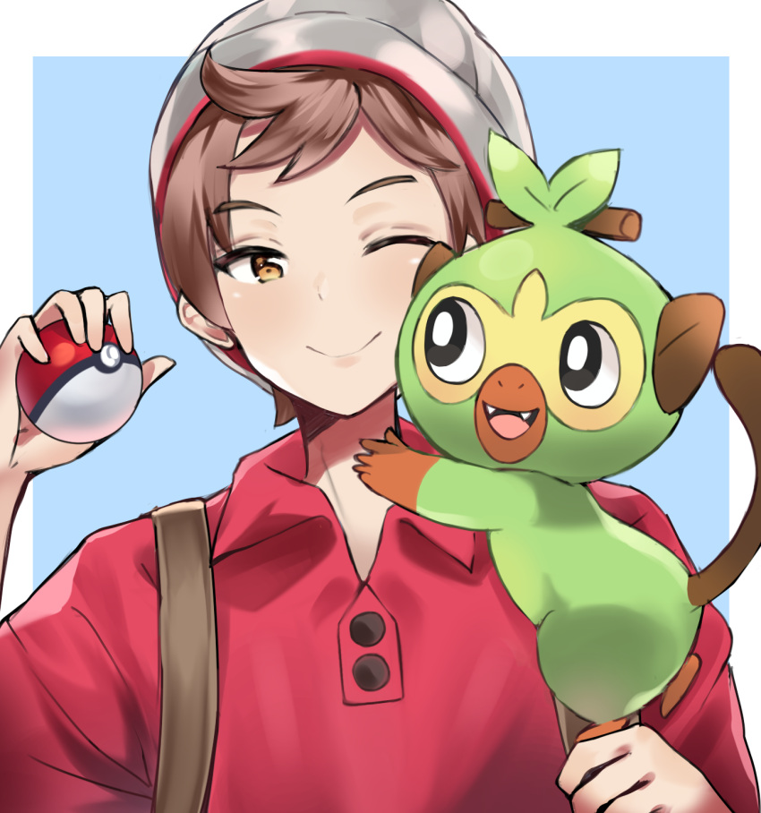 1boy backpack bag beanie blue_background brown_eyes brown_hair commentary_request dan_gan gen_8_pokemon grookey hat highres holding male_protagonist_(pokemon_swsh) poke_ball pokemon pokemon_(creature) pokemon_(game) pokemon_swsh red_shirt shirt short_hair simple_background smile