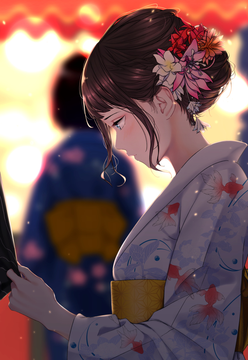 1girl absurdres animal_print blue_eyes blurry blurry_background brown_hair commentary_request depth_of_field fish_print flower from_side hair_flower hair_ornament half_updo highres japanese_clothes kimono looking_down nape obi original print_kimono profile saitou_(lynx-shrike) sash sleeve_tug solo_focus upper_body yukata