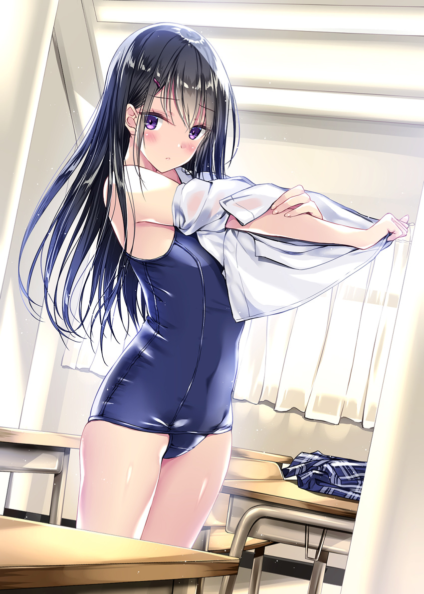 1girl bare_shoulders black_hair blue_skirt classroom closed_mouth commentary_request covered_navel curtains desk hair_ornament hairclip highres indoors kobayashi_chisato long_hair looking_at_viewer one-piece_swimsuit original plaid plaid_skirt school_swimsuit school_uniform shirt skirt skirt_removed solo standing swimsuit thighs undressing violet_eyes white_shirt