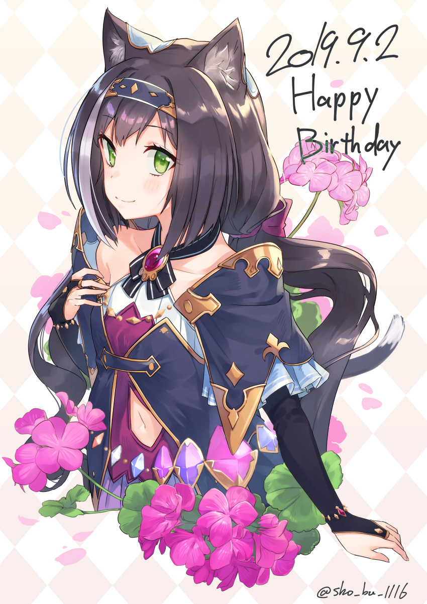 1girl absurdres animal_ear_fluff animal_ears bangs black_hair blush breasts cat_ears cat_tail commentary_request dated eyebrows_visible_through_hair flower green_eyes hair_ornament hairband happy_birthday highres kyaru_(princess_connect) long_hair looking_at_viewer low_twintails multicolored_hair navel pink_flower princess_connect! princess_connect!_re:dive sho_bu_1116 smile solo streaked_hair tail twintails very_long_hair white_hair