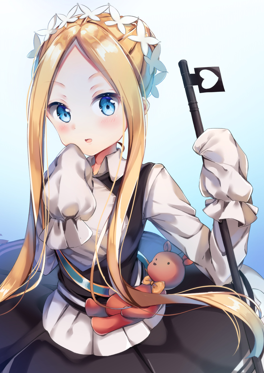 1girl abigail_williams_(fate/grand_order) bangs black_dress blonde_hair blue_background blue_eyes blush braid butterfly_hair_ornament collared_shirt commentary_request dress eyebrows_visible_through_hair fate/grand_order fate_(series) forehead gradient gradient_background hair_ornament heart heroic_spirit_festival_outfit highres holding long_hair long_sleeves looking_at_viewer parted_bangs parted_lips shirt sidelocks sleeveless sleeveless_dress sleeves_past_fingers sleeves_past_wrists solo stuffed_animal stuffed_toy teddy_bear torokeru_none very_long_hair white_shirt