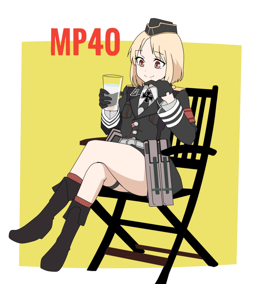 1girl armband black_footwear black_gloves black_neckwear blonde_hair boots brown_eyes buttons chair eyebrows eyebrows_visible_through_hair folding_chair garrison_cap girls_frontline glass gloves half_gloves hand_on_own_chin hat highres holding iron_cross knee_boots korean_commentary military military_hat military_uniform mp40_(girls_frontline) necktie nose perfect_han pouch sheath short_hair simple_background sitting smile solo thigh_strap uniform
